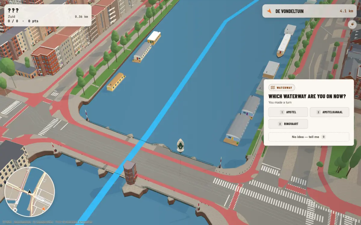 A question card asks which waterway the boat is on, with three choices and a no-idea button; the HUD shows only question marks